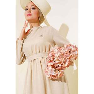 Robe Ceinturée en Lin à Superpositions Beige - Product Image 3