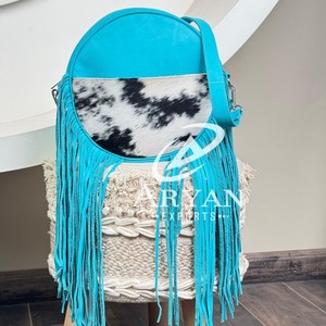 New Arrivals Turquoise Round Fringe Western charm and modern boho style Genuine Cowhide Leather Crossbody Casual Handbags - Product Image 1
