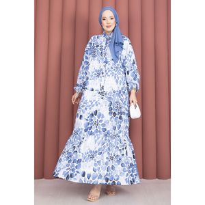 Indigo Teardrop Pattern Half-Button <b>Dress</b> for Women Casual Elegent Kaftan Mandarin Collar Breathable Empire One Fits All - Product Image 3