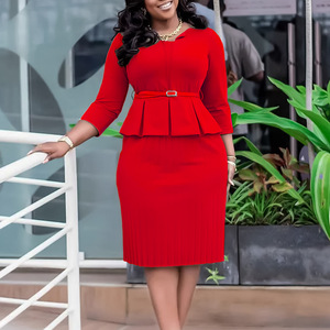 PASUXI nuevo vestido elegante de oficina para <span class=keywords><strong>mujer</strong></span> para Primavera Verano cuello en V con cinturón Midi lápiz vestido Casual de talla grande cintura Natural - Product Image 3