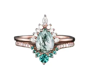Anillo de boda de ágata verde musgo en forma de pera de fabricación Vintage más Popular, anillos de regalo de Plata de Ley 925 PARA EL Día de San Valentín