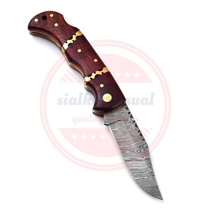 Cuchillo plegable completo de acero de Damasco al por mayor, cuchillo de bolsillo para exteriores con Funda de cuero y mango de madera - Product Image 2