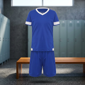 Ensemble de maillots de football personnalisés à transfert thermique, respirant, séchage rapide, anti-UV, uniforme de football d'équipe, short bleu, col en V, vêtements de sport d'entraînement - Product Image 5
