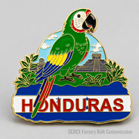 Aimants de réfrigérateur en émail personnalisés en gros du Honduras, motif perroquet et ruines maya, qualité usine SEDEX, aimant drapeau du Honduras pour boutiques de souvenirs