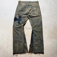 Pantalon en denim personnalisé Slim Fit Y2K pour hommes, ourlet brut, rivets évasés empilés, conception déchirée, bouton, délavé, jean vintage vieilli