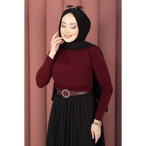 Robe moulante bordeaux avec détails en pierres et effet sable - Product Image 3