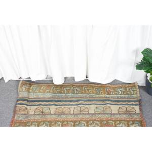 Traditional <b>Brown</b> Blue Patchwork <b>Wool</b> Rug 1.8 X 3.7 ft Handmade Turkish Jacquard Weave Latex for Hallway Bedroom Bedside Rugs - Product Image 2