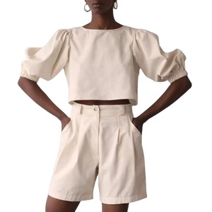 Ensemble chemise à manches courtes pour femmes, mode d'été, décontracté, Short, manches bouffantes, Top, ensemble deux pièces, 2022 - Product Image 1