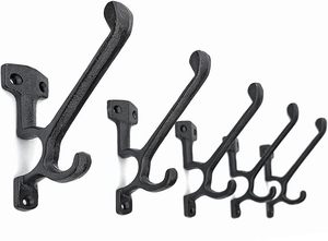 Antique Black Heavy-Duty Double <b>Hooks</b> <b>Wall</b>-Mounted Coat <b>Hooks</b> Decorative Cast Iron With Vintage Inspired Design - Product Image 4