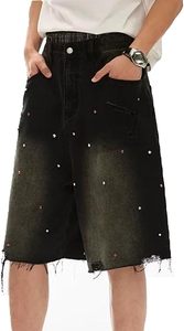 Rhinestone Baggy <b>Jeans</b> Shorts <b>Wide</b> <b>Leg</b> Washed Denim Shorts Grunge Ripped Hip Hop Street wear - Product Image 2