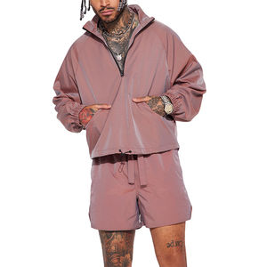 Conjunto de Pantalones Cortos y Sudadera de Hombre, de Alta Calidad, Tejido Vintage, Holgado, con Bolsillos, Manga Larga, Media Cremallera, Forro Polar, Secado Rápido, Algodón, Color Marrón - Product Image 1