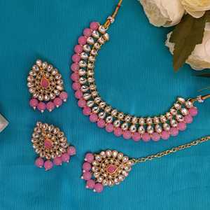 Indian Jewelry Choker Kundan Crystal Faux Pearl Necklace <b>Earrings</b> Maang Tikka Head Chain Bollywood Wedding <b>Bridal</b> Set - Product Image 2