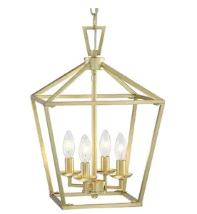 Lampu gantung 4 lampu, lampu lentera emas, lampu gantung Modern, perlengkapan lampu di dalam kuningan disikat, buatan tangan