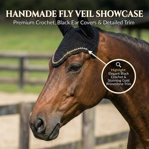 Voile anti-mouches noir en crochet avec garniture en strass dorés, protège-oreilles doux, confortable, de haute qualité, bonnet équestre de luxe fait main - Product Image 3