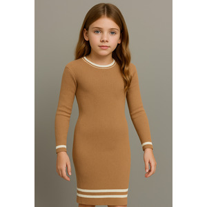 Striped Detail Knit Dress and Buttoned <b>Cardigan</b> <b>Knee</b> <b>Length</b> Children's Clothing Set for Girls-323433 - Product Image 6