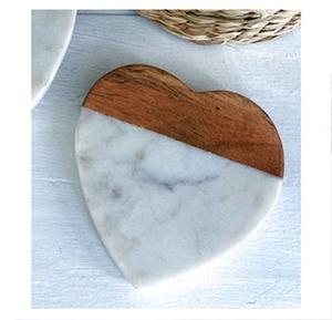 Set of 6 Classic Heart-Shaped White Marble Coasters Handmade in India with Natural <b>Wood</b> Mango <b>Wood</b> Traditional Design Style - Product Image 4