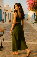 Kadın Kısa Kollu Crop Üst ve Geniş Paça Etek Takımı Sokak Modası Dar Kesim Pileli Saten Modern Polyester Yazlık Tatil Kıyafeti