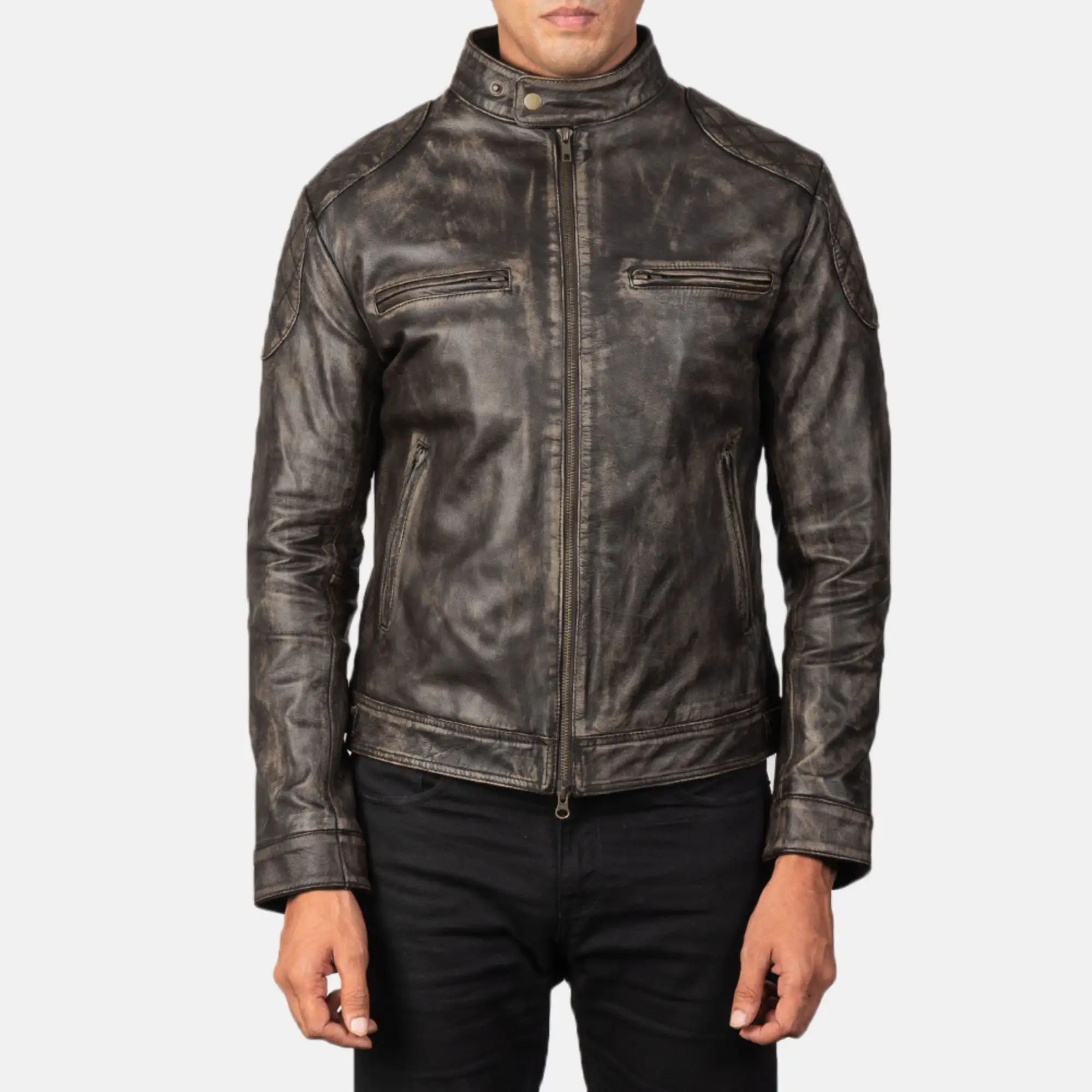 Real Leather Sheepskin Aniline Zipper Gatsby Distresed Brown Men Biker Jacket with Quilted Viscose Lining Inside Outside Pocket