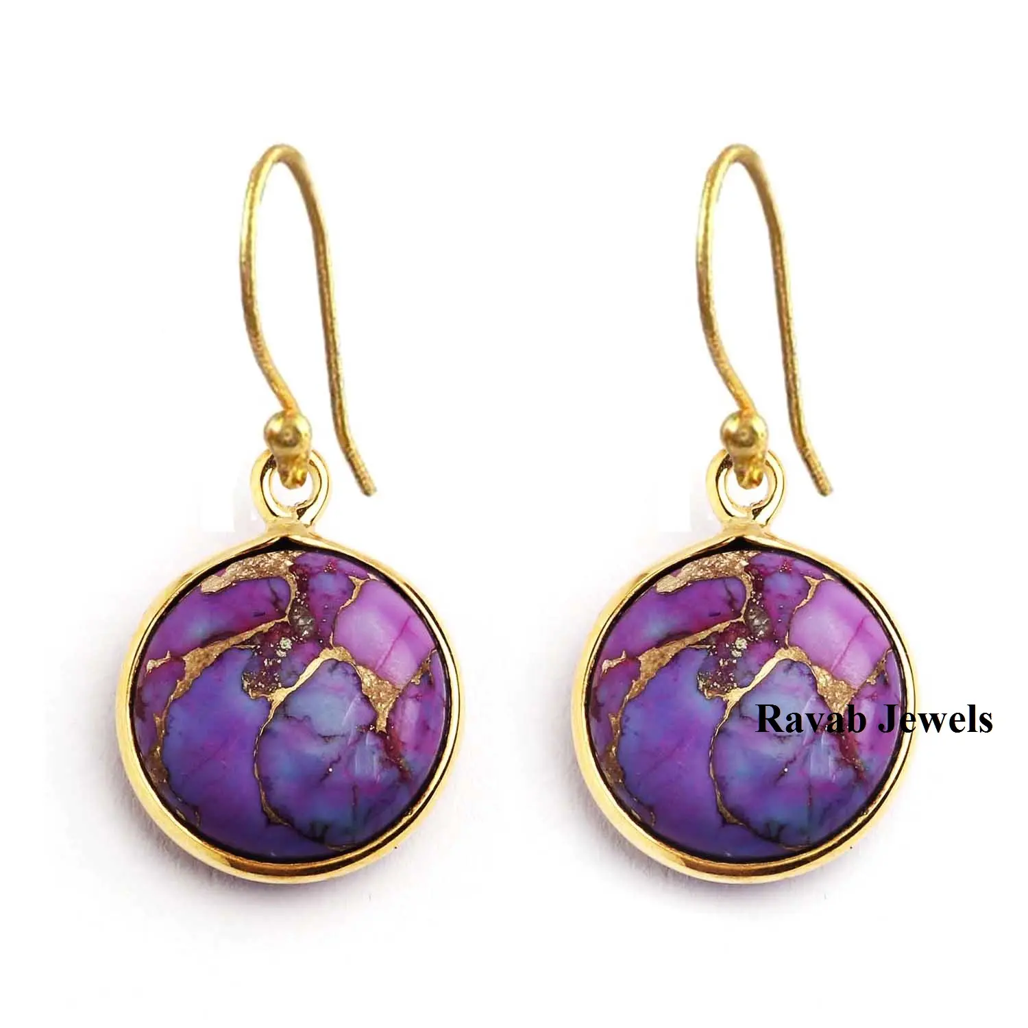 Latest 925 Sterling Silver Gemstone Jewelry Purple Copper Turquoise Mohave Round Shape 12mm Dangle Bezel Earring Gift For Women