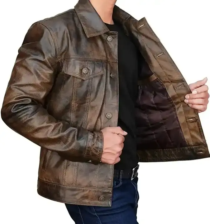 Brown Genuine Leather Jacket Men for Bikers Waxed Cafe Racer Vintage Motorcycle Jackets All Sizes with Customized Logo and Label