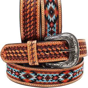 Antique Western Fashion <b>Genuine</b> <b>Leather</b> <b>Belt</b> Custom Length Full-Grain Beaded Tooled Basket Weave Design with Alloy for Buckle - Product Image 6