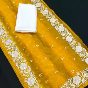 Nouvelle arrivée Orgenja Designer Fab Pure Organja Heavy Chikankari Floral Work Pallu avec SALT WHITE Multy Work avec passepoil