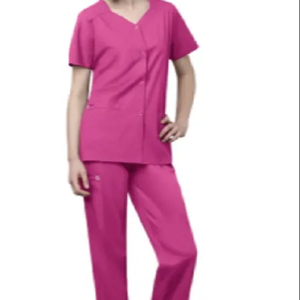 Haut à manches courtes à col en V de couleur rose unie et pantalon confortable, uniforme de personnel hospitalier, uniforme médical - Product Image 1