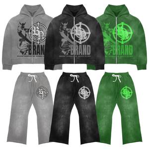 Ensemble deux pièces personnalisé délavé à l'acide sweat à capuche zippé vintage vert jambe droite pantalon de survêtement évasé imprimé survêtement de jogging hiver - Product Image 1