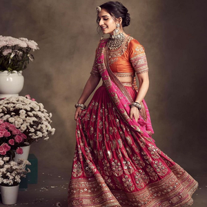 Traje nupcial festivo de georgette sintética con lehenga bordada, choli detallado y dupatta decorada para eventos culturales - Product Image 1