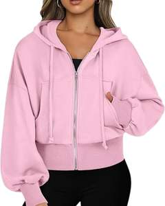 Sweat-shirt à capuche zippé court rose pour femmes, manches longues, décontracté, streetwear, pour femmes, mode, vêtements d'hiver, usage quotidien, hauts - Product Image 1