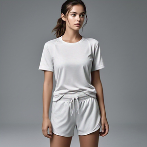 ชุดเสื้อยืดกางเกงขาสั้นสำหรับออกกำลังกายฟิตเนส2ชิ้นสำหรับผู้หญิงชุดเสื้อยืดผ้าฝ้ายโพลีเอสเตอร์กางเกงขาสั้นสำหรับ100% - Product Image 3