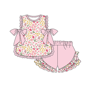Preordina Set Estivo per Bambine con Top a <span class=keywords><strong>Fiori</strong></span> e Fiocchi, Pantaloncini con Volant, Abbigliamento <span class=keywords><strong>Boutique</strong></span> per Bambini e Neonati, Completi Sportivi Morbidi - Product Image 3