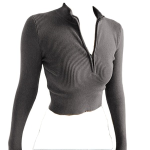 <span class=keywords><strong>Bon</strong></span> <span class=keywords><strong>prix</strong></span> haut court femmes t-<span class=keywords><strong>shirt</strong></span> côtelé à manches longues fermeture éclair t-<span class=keywords><strong>shirt</strong></span> court sexy boîte de nuit tenue femmes haut court t-<span class=keywords><strong>shirt</strong></span> - Product Image 1