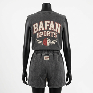 Ensemble t-shirt sans manches et short pour femme, 240 GSM, coton polyester, jersey French Terry, gris anthracite, tenue d'été - Product Image 2