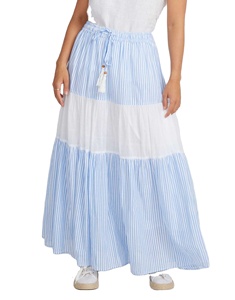 Falda maxi a cuadros con cintura elástica, cordón con cuentas de madera y borlas, y diseño escalonado de moda para mujer - Product Image 1