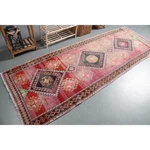 3.3x9 ft <b>Runner</b> Turkish Vintage Rug, <b>Red</b> Patchwork Wool Rug - Product Image 5