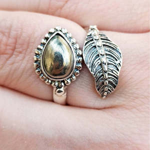 Handmade Boho Leaf <b>Ring</b> Natural Pyrite Pear-Shaped <b>Sterling</b> <b>Silver</b> <b>Adjustable</b> Cocktail <b>Ring</b> Women's Jewelry Gift for Birthday - Product Image 1