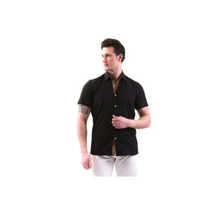 Col intérieur noir et patte de poitrine Détail nid d'abeille Chemise en coton à manches courtes coupe ajustée - Product Image 3