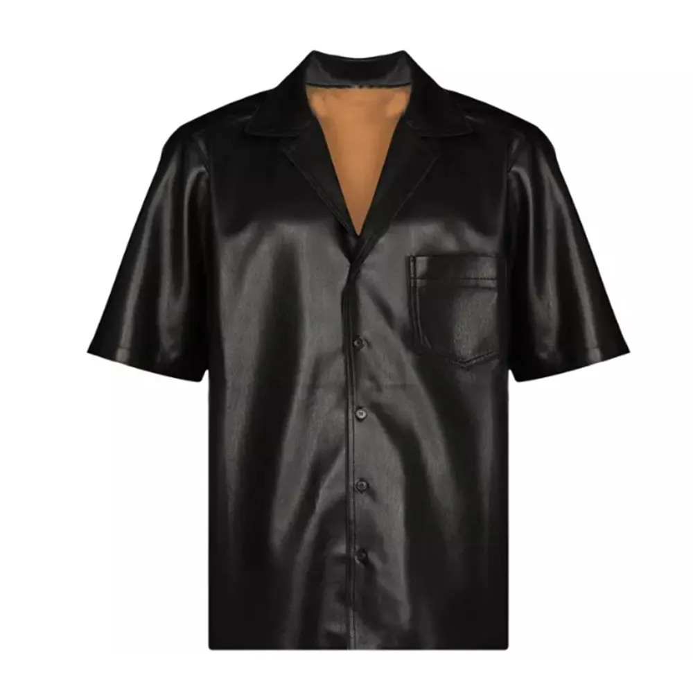 Chemise en similicuir à manches courtes avec poche sur le devant pour homme