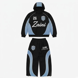 Veste coupe-vent pour homme ZAINI, polyester Taslon premium 300g, noir et bleu ciel, design à panneaux, broderie personnalisée, impression par transfert thermique - Product Image 1