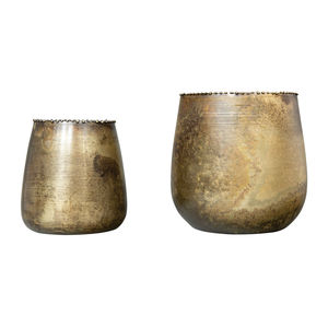 Jardinière en laiton de style ferme moderne avec détails perlés, pot à fleurs conique en métal pour plantes succulentes, contenants de jardin vintage en métal - Product Image 1