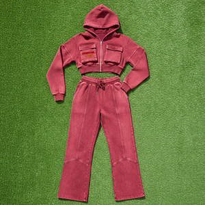 Vente chaude article 100% coton Cargo Pocket Crop Zipper Hoodie & Jogging 2 pièces Ensemble Respirant Acide Lavé femmes survêtement - Product Image 1