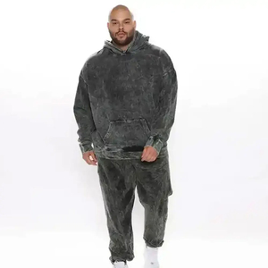 Ensemble de survêtement personnalisé délavé à l'acide avec appliques, style streetwear vieilli, comprenant un sweat à capuche et un pantalon de survêtement en tissu éponge pour homme - Product Image 4
