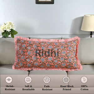 ปลอกหมอนอิงลายดอกไม้สีชมพูเข้ม RIDHI ขนาด 20x36 นิ้ว พร้อมระบาย ผ้าฝ้ายทำมือ พิมพ์ลายบล็อก ปรับแต่งได้ ซักเครื่องได้ - Product Image 5