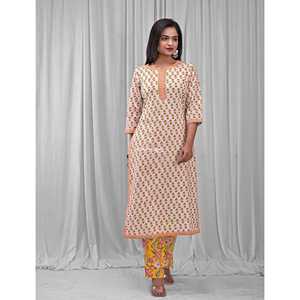 ชุดคุรตะผ้าฝ้ายสีขาวลำลอง (ชุด 2 ชิ้น) ลายพิมพ์บล็อก แขนสามส่วน สำหรับฤดูใบไม้ผลิ/ฤดูร้อน - Product Image 1