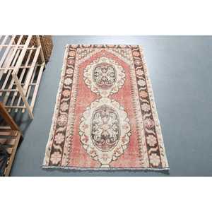 Vintage Rug, Small 2.9x4.8 ft Turkish Rug, <b>Red</b> White Striped <b>Wool</b> Rug - Product Image 1