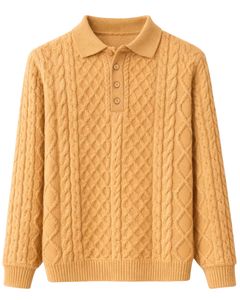 Manufacturer Mens Mustard Yellow Wool <b>Cable</b> <b>Knit</b> Polo <b>Sweater</b> Long Sleeve Button Neck Winter Warm Classic Casual Pullover - Product Image 1