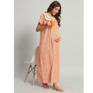 Camisón de Maternidad de Algodón 100% para Mujer, Manga Media, Largo Completo, Tejido Transpirable, Cuello con Estampado Floral, Verano, Elegante y Suave - Product Image 1