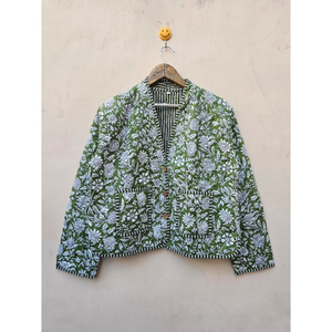 Hecho a mano de alta calidad transpirable Reversible verde girasol bloque impreso Burfi chaqueta acolchada de Invierno para mujer raya única - Product Image 1