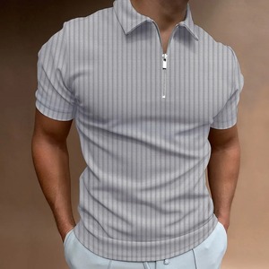 2025 été mode hommes décontracté mince pour Polo manches courtes avec fermeture éclair solide décontracté rayure T-Shirt 100% coton haut marque - Product Image 2